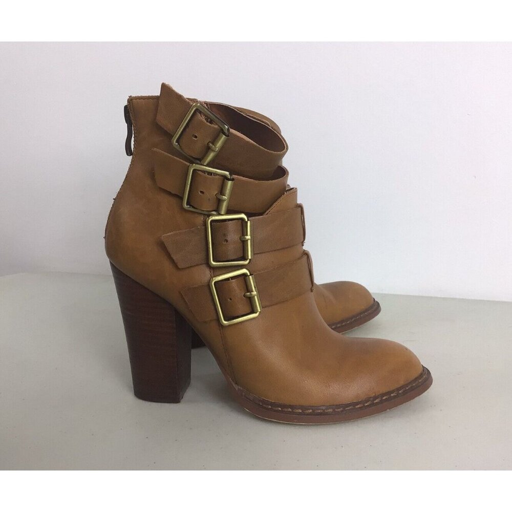 Chinese Laundry Tan Leather Buckle Strap Heeled Ankle Boots